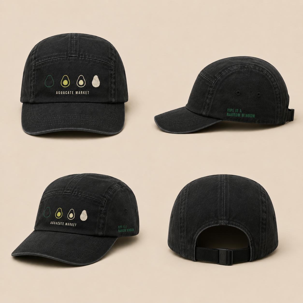Washed black five-panel camp cap, four views: front, side, angled and back with the webbing strap.