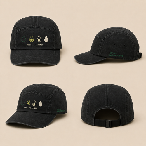Washed black five-panel camp cap, four views: front, side, angled and back with the webbing strap.