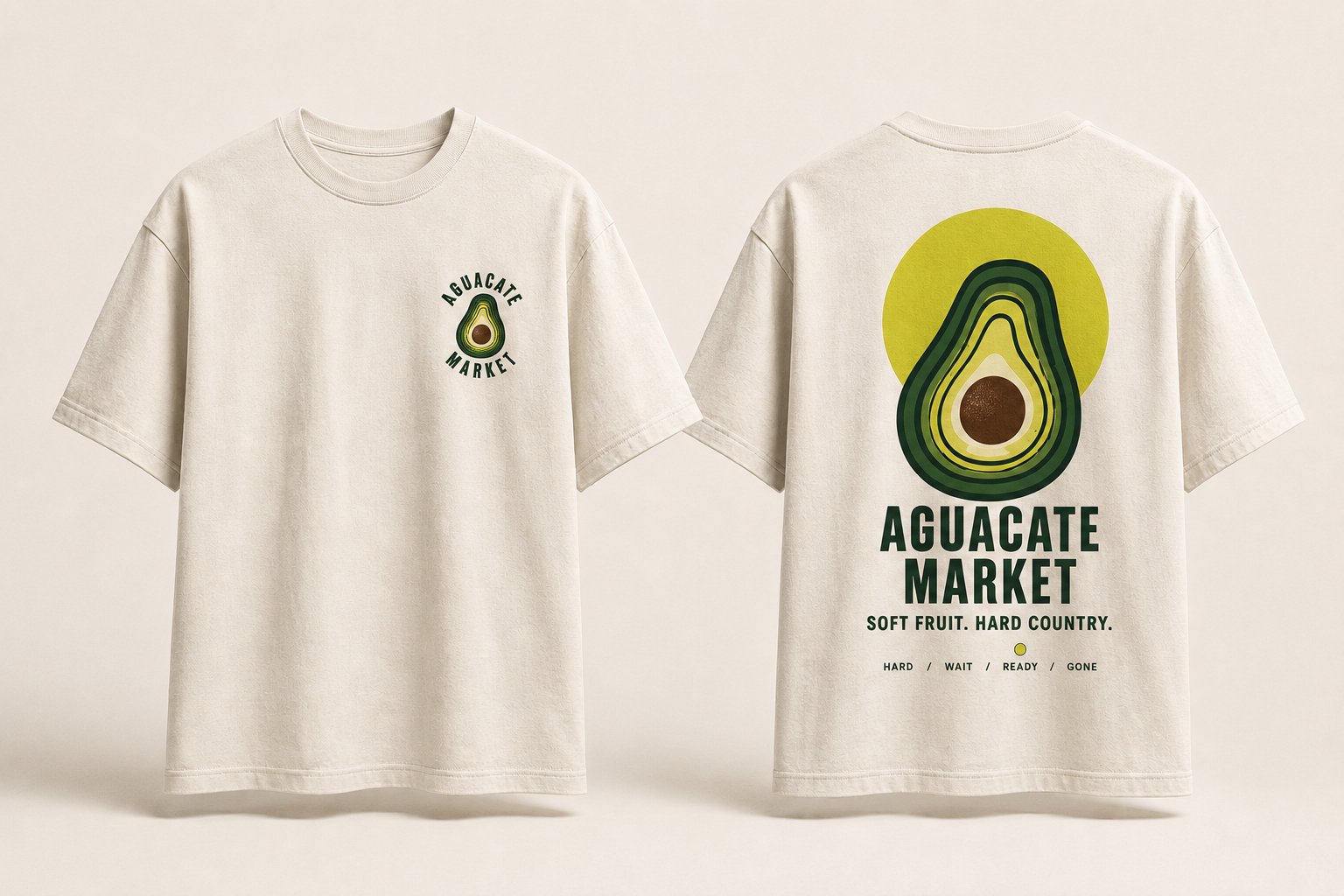 Washed black heavyweight tee, front and back. Ripening scale across the chest, RIPE IS A NARROW WINDOW across the back.