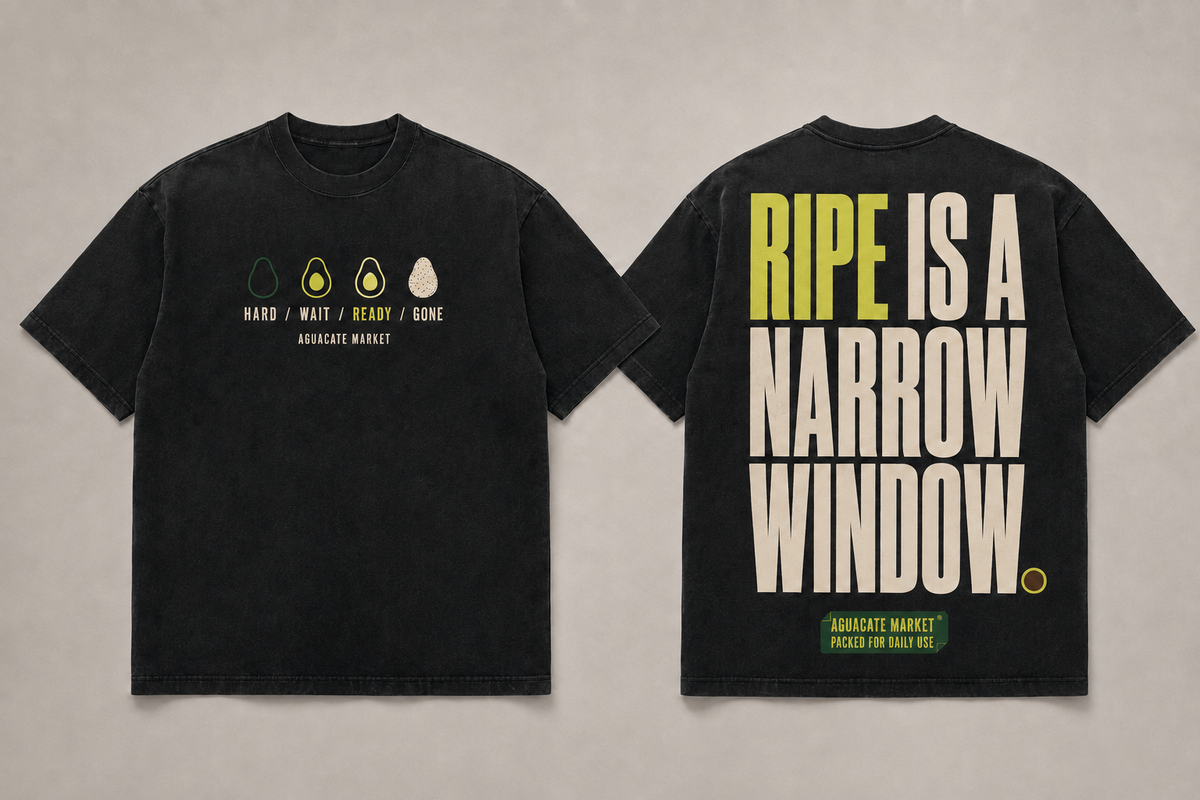 Natural lightweight tee, front and back. Small chest mark, cut avocado over a lime sun across the back.