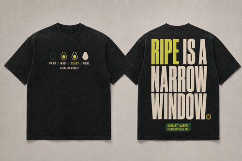 Natural lightweight tee, front and back. Small chest mark, cut avocado over a lime sun across the back.