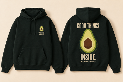 Peel green hoodie, front and back. Small chest mark, GOOD THINGS INSIDE. around a cut avocado across the back.
