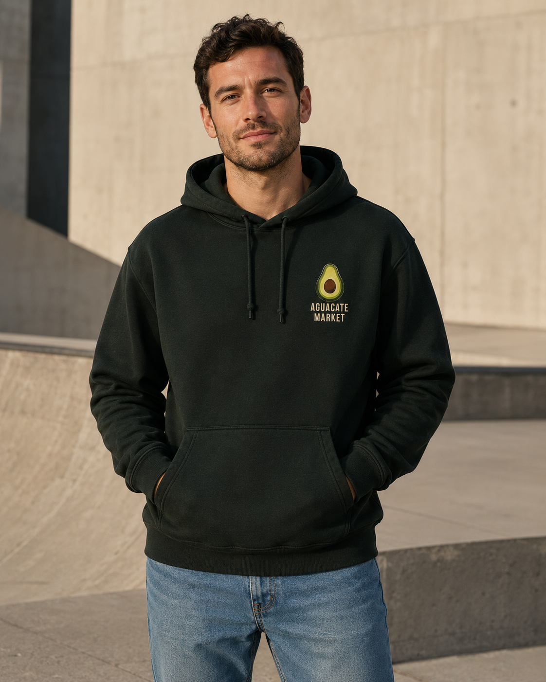 Peel green hoodie worn at a skatepark, front view, chest mark visible.