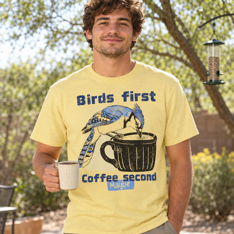 Man in a backyard with a bird feeder wearing the yellow Birds First, Coffee Second tee