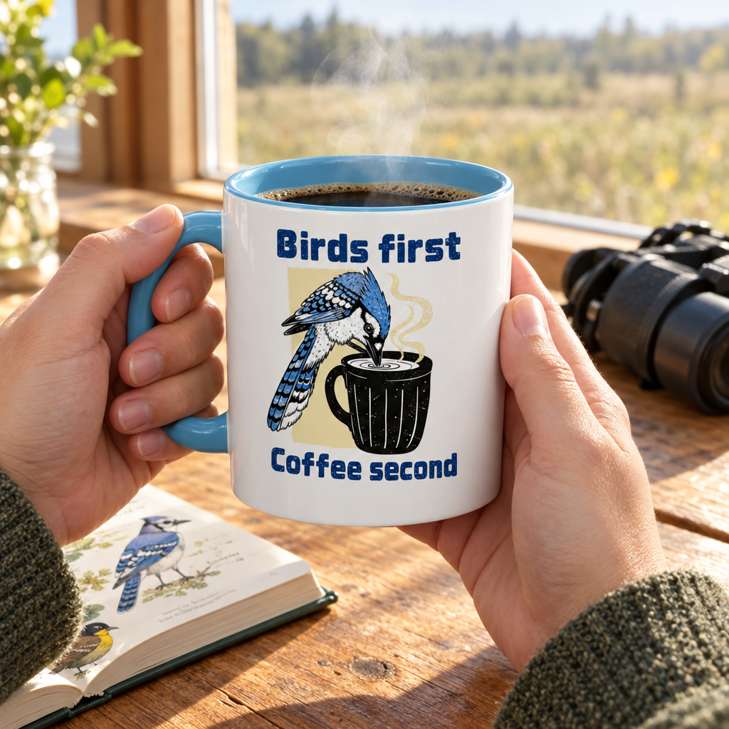 Hands holding the Birds First, Coffee Second mug next to binoculars and a field guide