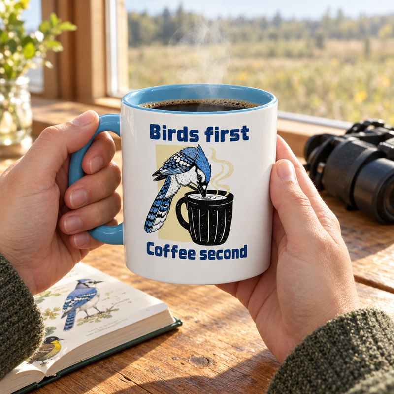 Hands holding the Birds First, Coffee Second mug next to binoculars and a field guide